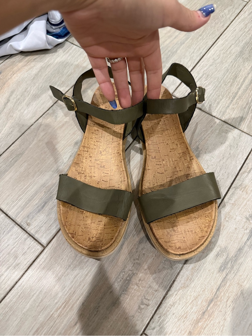 Sun + Stone Olive Green Cork Footbed Ankle Strap Sandals